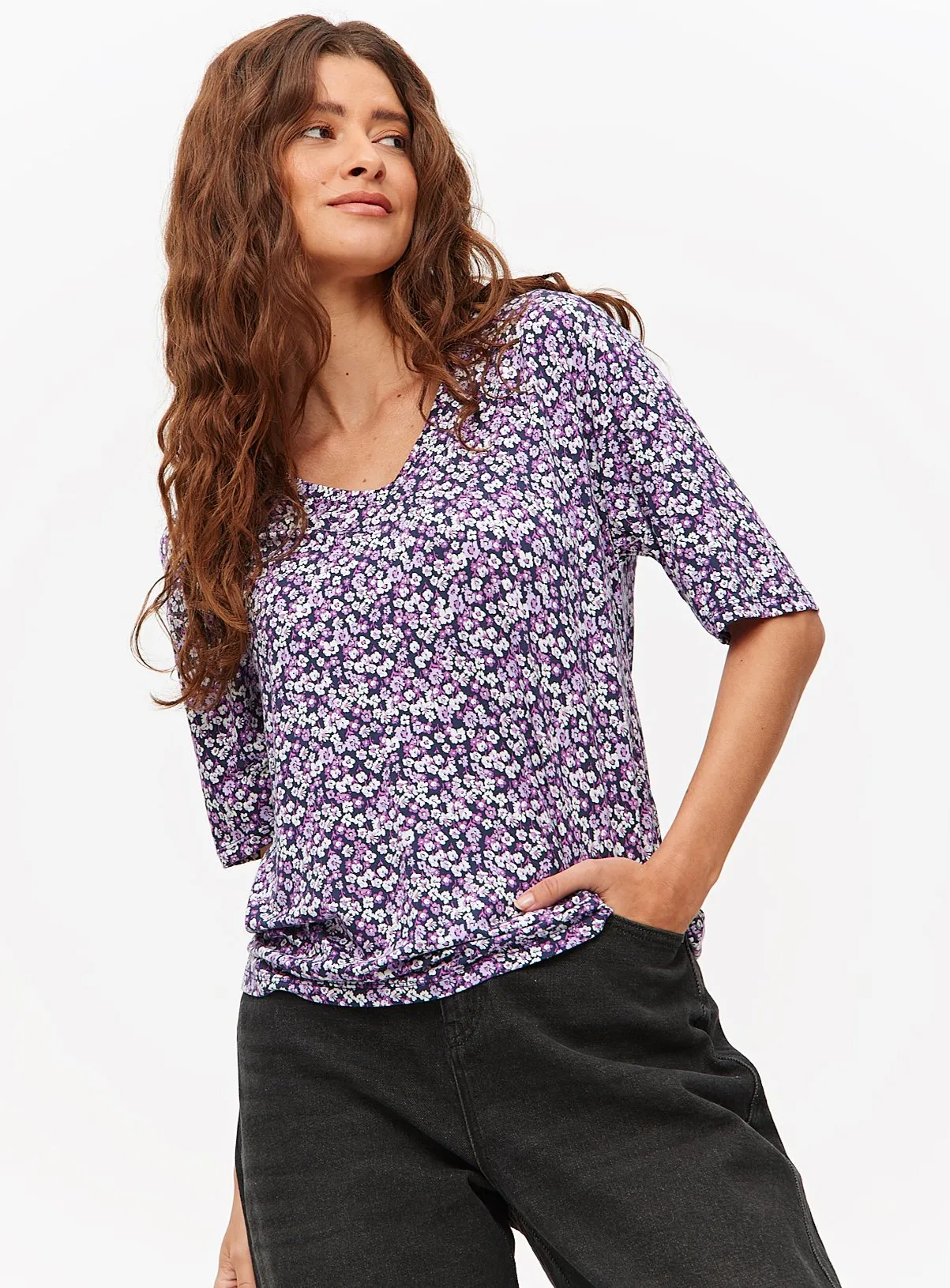 Buy Purple Ditsy Print V Neck Relaxed T-Shirt 26 | T-shirts | Tu