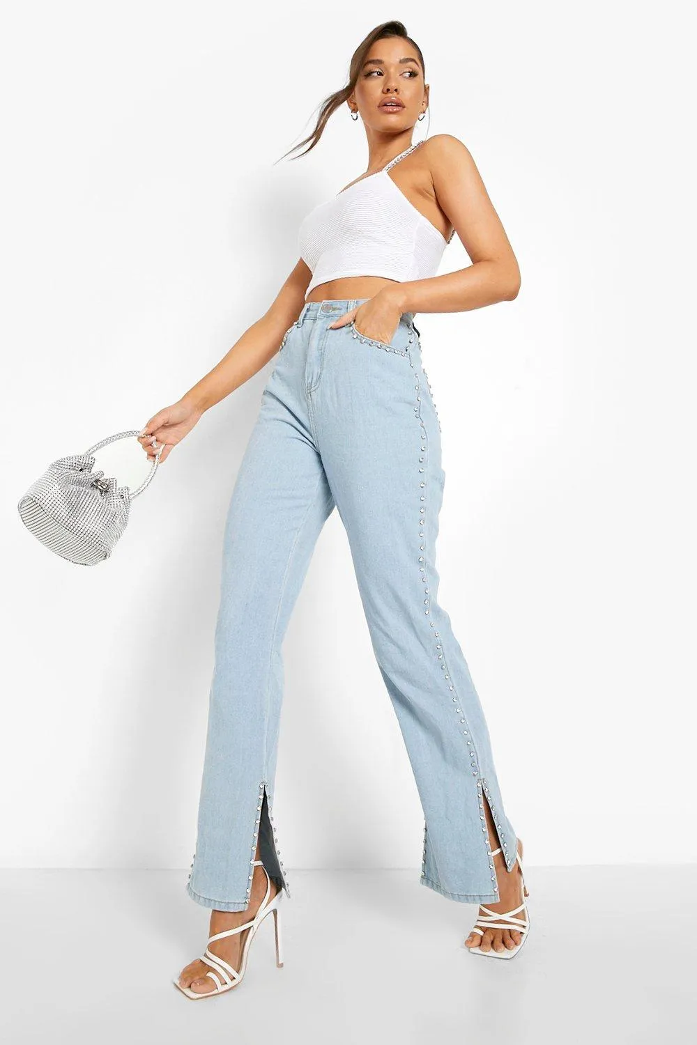Diamante Trim Straight Leg Split Hem Jeans