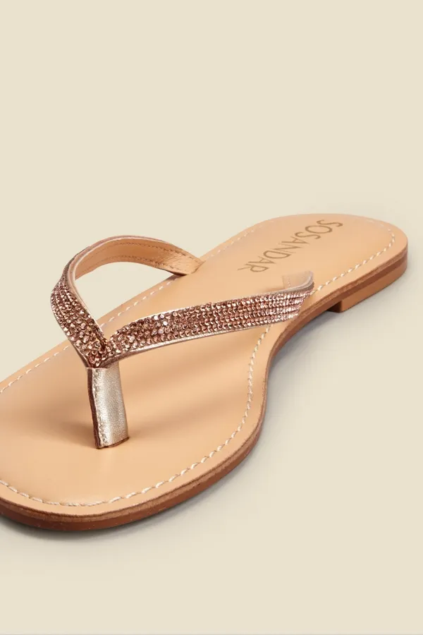 Gloria Rose Gold Diamante Trim Leather Flip Flops
