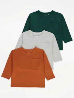 Ochre Long Sleeve Pocket T-Shirts 3 pack | Kids | George at ASDA