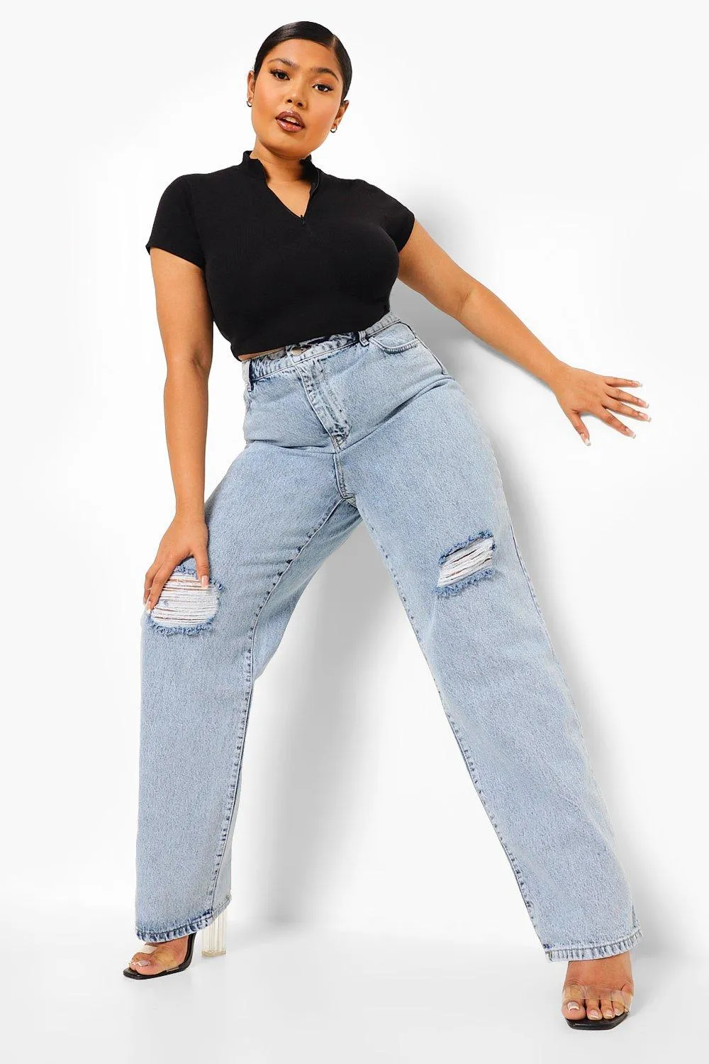 Plus Vintage Wash Rip Knee Boyfriend Jeans