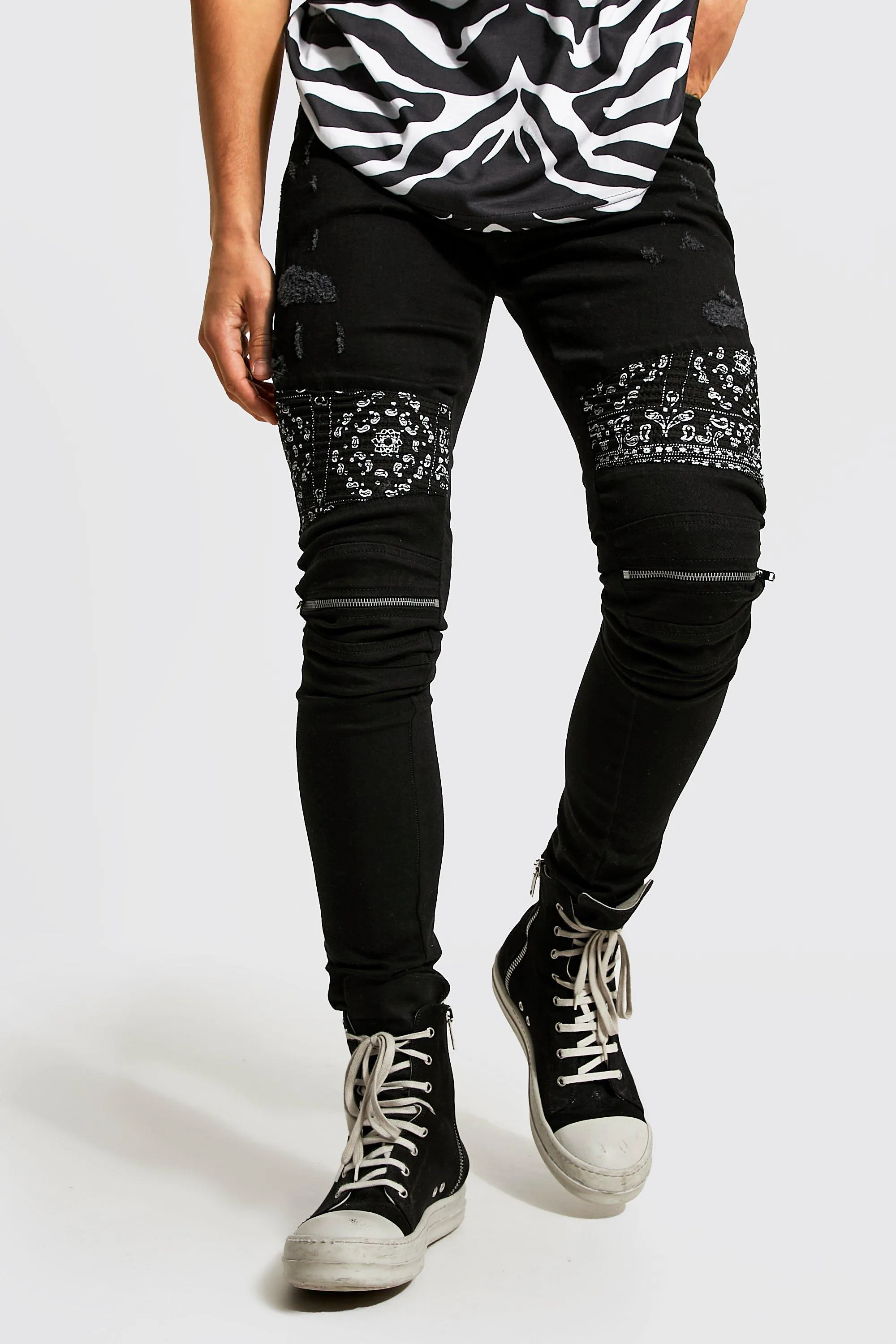 Skinny Stacked Bandana Zip Biker Jeans