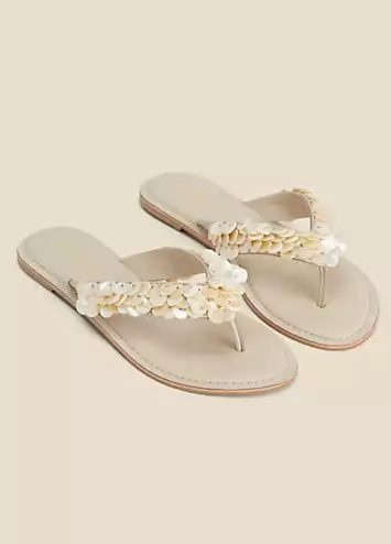Sosandar Ecru Shell Detail Leather Flip Flops | Grattan