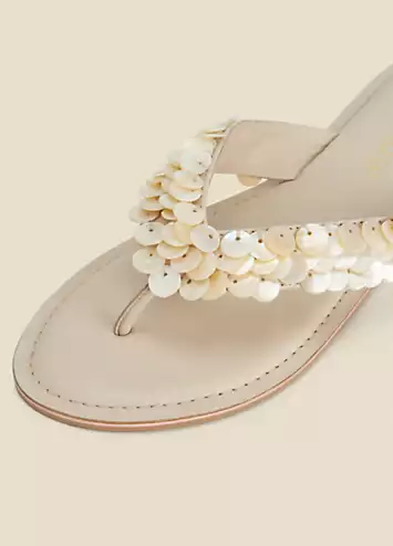 Sosandar Ecru Shell Detail Leather Flip Flops | Grattan