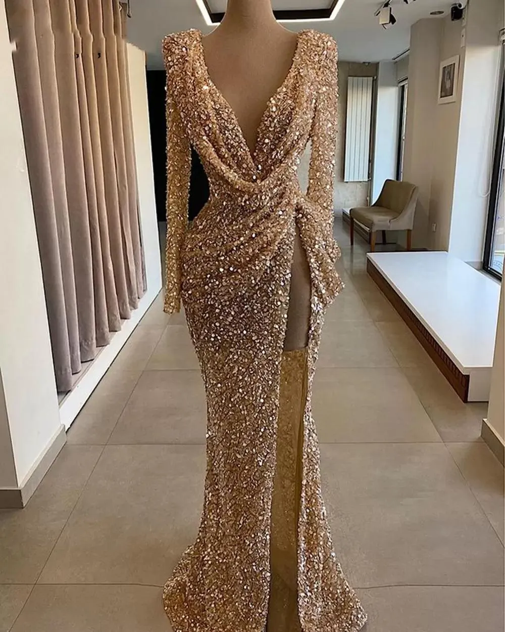 sparkly prom dresses, deep v neck prom dresses, long sleeve prom dresses, arabic prom dresses, side slit prom dresses, fashion e